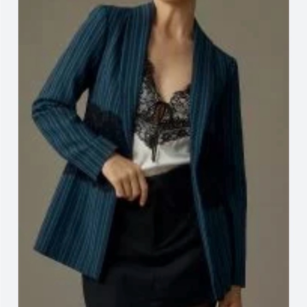Mauve Blue Striped Blazer with Black Lace